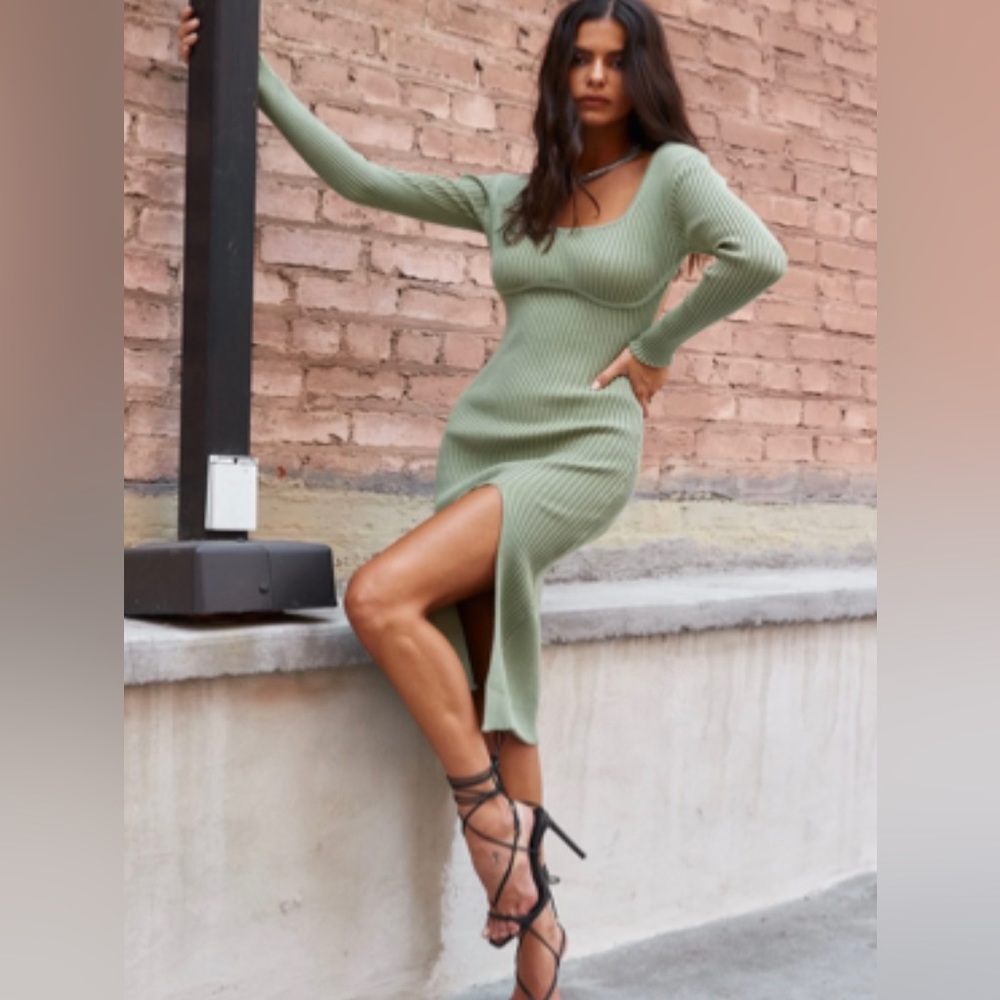 12th Tribe Dara Sage Ribbed Midi Dress